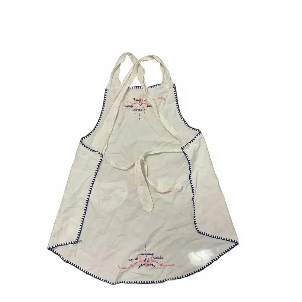 Vintage White Cotton Women's Apron with Blue and Pink Embroidery